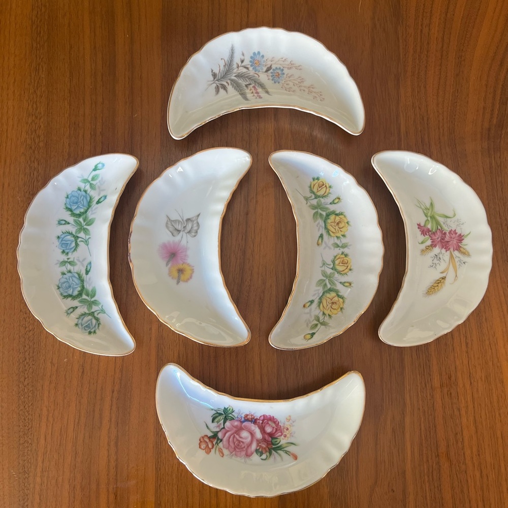 Vintage Half Moon Crescent China Dishes Bone Plates Painted Gold Trim Floral